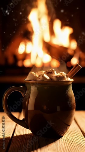 Mug of hot cocoa with marshmallows by fireplace.