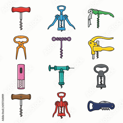 Colorful Illustrated Wine Bottle Corkscrew Tools Set.