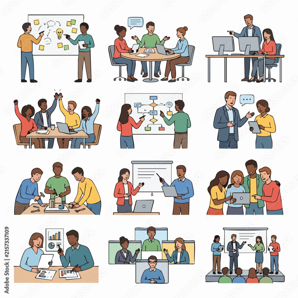 Fototapeta premium Illustrated diverse team collaboration and meeting scenes.