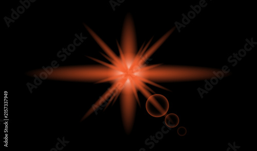 A vibrant red starburst light effect featuring glowing rays and lens flare circles isolated on a solid black background