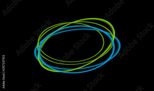 Abstract background featuring a glowing neon light effect with intersecting blue and green circular rings on black