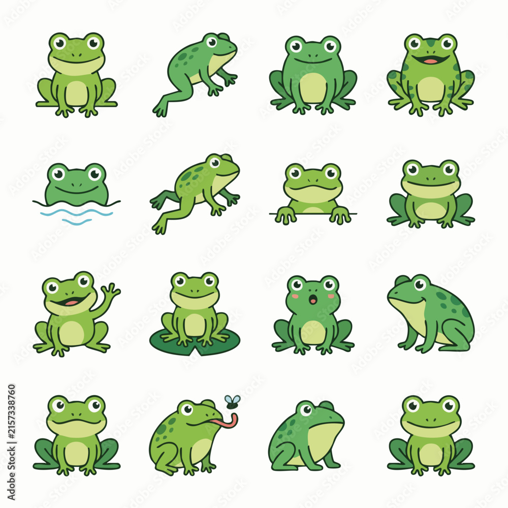 Fototapeta premium Cartoon Frogs in Various Playful Poses.