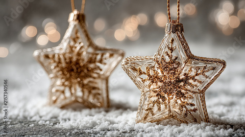 Two decorative golden star ornaments covered in artificial snow on textured surface