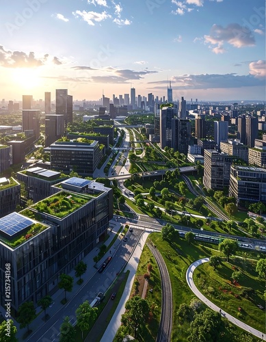 Aerial view of modern city with river and green spaces.