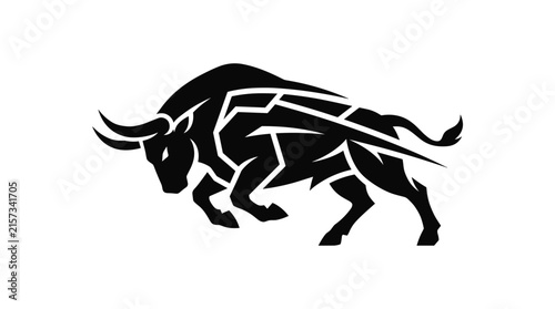 Stylized Black Bull Silhouette Charging Forward.