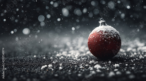 Red christmas ornament covered in snow falling against dark blurred background