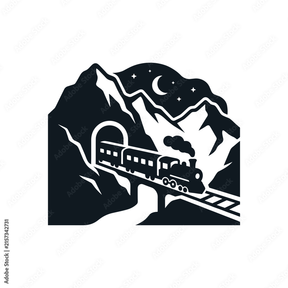 Obraz premium Vintage Train Emerging from Mountain Tunnel at Night.