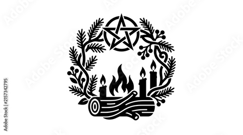 Wiccan Yule Wreath with Pentagram and Fire.