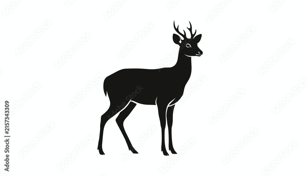 Fototapeta premium Silhouette of a wild male deer with antlers is shown in black color isolated on a clean white background.