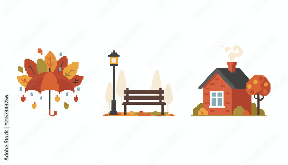 Fototapeta premium Set of cozy autumn season pixel art illustrations showing umbrella with falling leaves, park bench, and cottage.