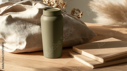 eco friendly green water bottle with notebooks and bag on wood