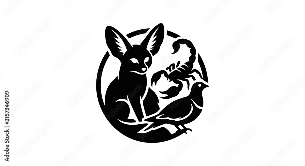 Fototapeta premium Stylized Fennec Fox Scorpion and Dove Silhouette Emblem.