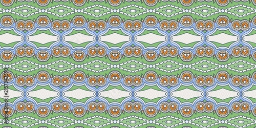 Canvastavla Seamless vertical repeating pattern featuring green foliage motifs, intricate white linework, and orange circular accents