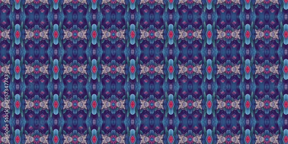 Intricate seamless vertical pattern featuring dark blue fantasy botanical motifs, teal accents, and glowing pink diamond highlights. Unique textile design.