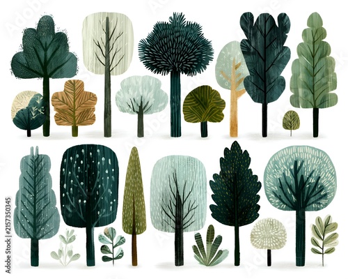 Whimsical collection of stylized trees in various shapes and shades of green and blue, with a textured, artistic feel
