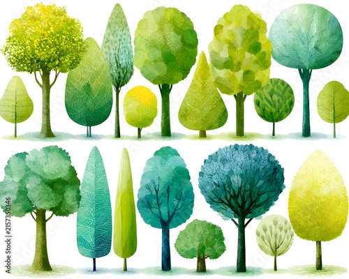 Collection of stylized trees with watercolor texture and vibrant green and blue hues