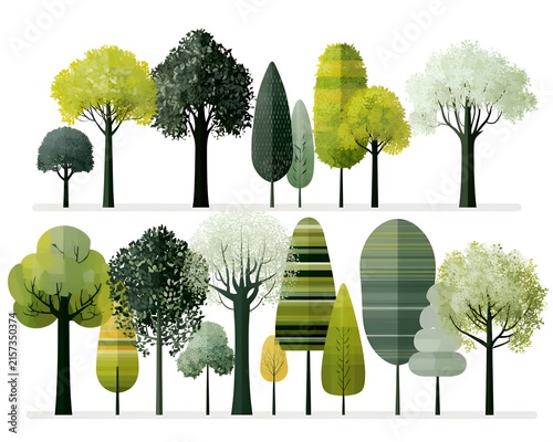Collection of stylized trees in various shapes and green tones on a white background