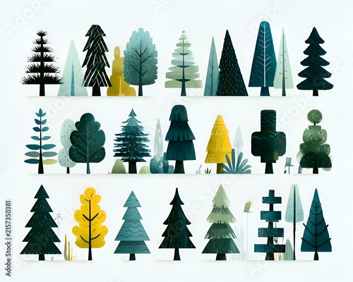 Abstract minimalist forest of evergreen trees in various shapes and colors