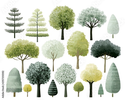 Collection of stylized trees in various shapes and shades of green and gray, isolated on a white background