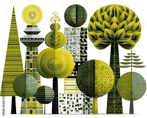 Abstract geometric trees with intricate patterns and a retro color palette