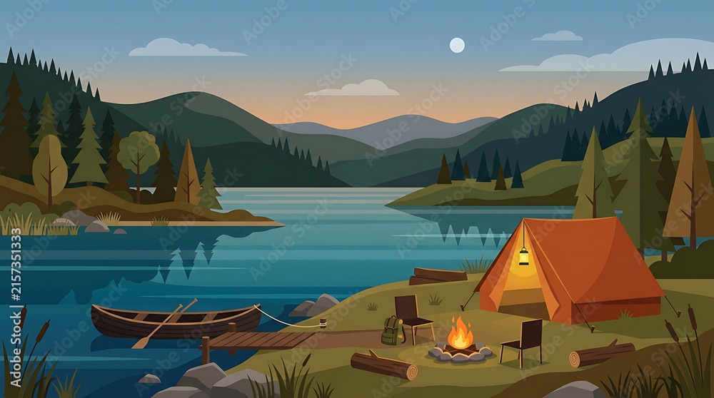 Naklejka premium Serene lakeside campsite with a glowing campfire and tent under the evening sky