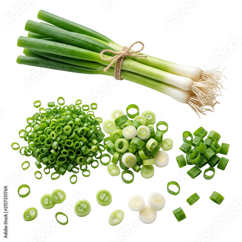 Fresh Green Onions, Whole and Chopped, Isolated on Transparent Background