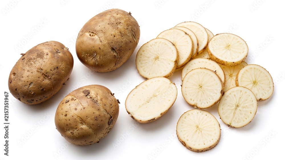 Fototapeta premium Whole and Sliced Jicama Roots Arranged in Clean Food Still Life