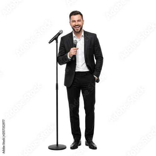 Happy Man In Suit Holding Microphone On Stand, Isolated