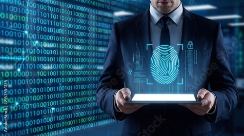 Digital Identity Cybersecurity Concept Showing Holographic Fingerprint on Business Tablet