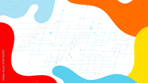 Modern abstract background with light blue geometric lines and dots, featuring colorful red, orange, yellow, and blue organic shapes in corners for technology, business, or data concepts.