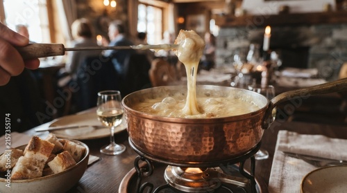 Copper Pot Bubbling Swiss Fondue Single Skewered Bread Cube Dipped Halfway String Cheese Trailing

