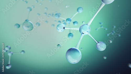 Molecular structure with glass spheres and connecting rods floating in green blue gradient