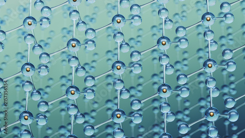 Repeating molecular grid pattern with transparent atoms and golden nucleus points