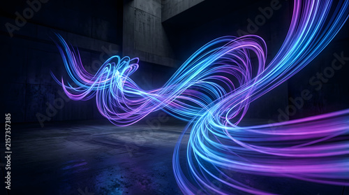 Abstract Light Trails in Modern Space: Vibrant neon light trails in purple and blue flow and swirl through a dark, minimalist concrete interior, creating a dynamic and futuristic abstract composition.