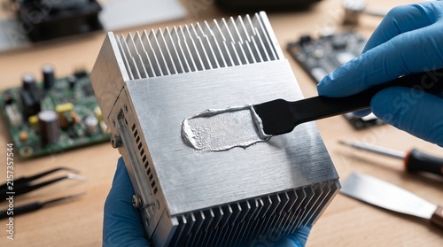 фотографія Technician applying silver thermal paste to a computer CPU heatsink for cooling
