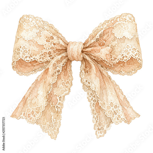 Vintage cream lace bow illustration on a transparent background for decorative uses