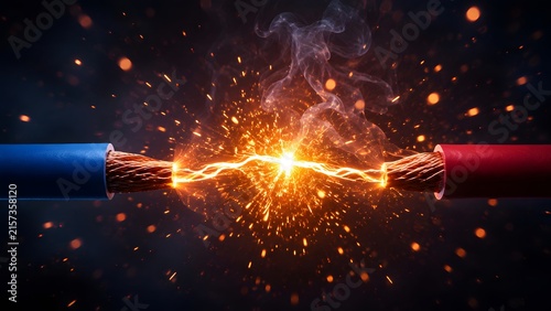 Two exposed electrical wires creating a bright spark and smoke. Concept of electrical short circuit, high voltage danger, and powerful energy connection.