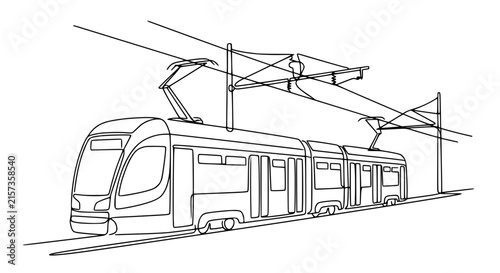 Modern Tram, Continuous Line Drawing, Isolated on White
