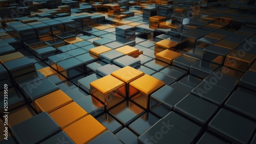 Abstract 3D Render Of Glowing Orange And Dark Blue Geometric Cubes In Infinitely Repeating Digital Pattern