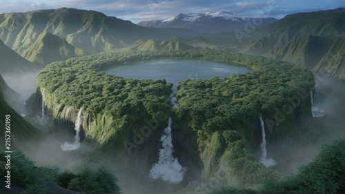 Aerial View of Circular Cliff Top Lake with Multiple Waterfalls Dropping into Deep Valley in Green Mountain Landscape with Mist