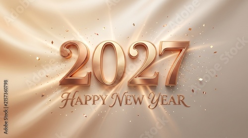 Three dimensional 2027 numbers with elegant happy new year lettering on a champagne fabric background for luxury event banners.