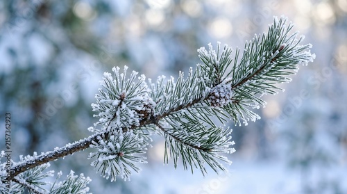 Close-up of frosty pine branch with ice crystals glistening in winter sunlight