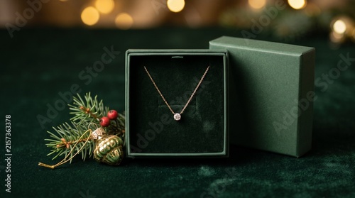 Elegant diamond pendant necklace displayed in velvet jewelry box with festive pine sprigs