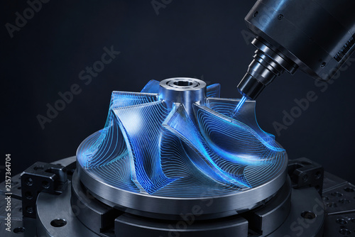 Glowing five axis toolpath on impeller surface