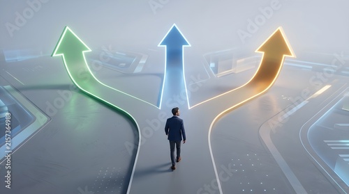 Person at Three Illuminated Paths Choosing Future Direction.
