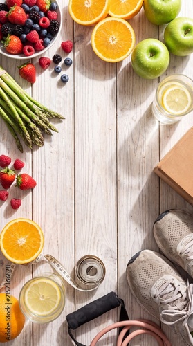 Healthy lifestyle flat lay featuring fresh organic produce fitness equipment and refreshing citrus water beverages with displays top down arrangement fresh fruits