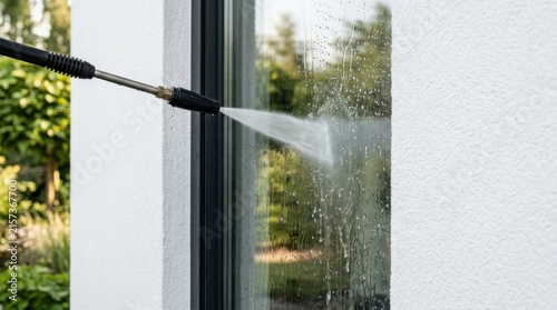 Person pressure washing modern house window, removing accumulated dirt, demonstrating effective exterior home cleaning.