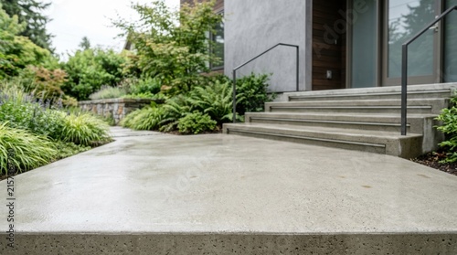 Polished concrete patio features sleek gray steps and minimalist metal railing beside lush green fern garden and modern home.