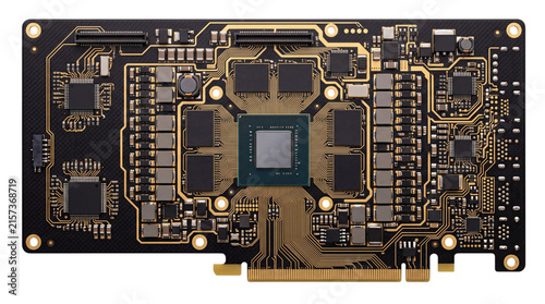 Cuadro en lienzo Black electronic circuit board with gold traces and isolated on png transparent