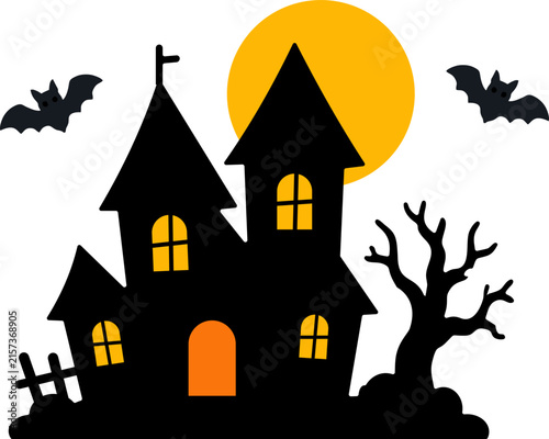 Spooky Halloween Haunted House Vector Silhouette Clipart with Full Moon and Flying Bats